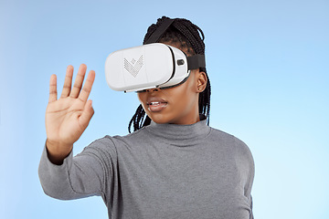 Image showing Vr, gaming and digital with black woman and metaverse for future, cyber and 3d system. Media, ui and web technology with girl and headset for internet, augmented reality and data in studio background