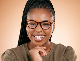 Image showing Black woman, retro glasses and person portrait in a studio with eyecare, beauty and smile. Brown background, isolated and gen z student with happiness feeling relax and calm about youth thinking