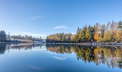 Image showing Beautiful Reflections of tree covered by snow in Lake