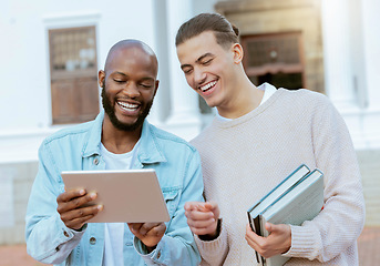 Image showing University, tablet and students with online education, e learning and teamwork, planning or course schedule check. Happy black man, people or friends on college campus, studying on digital technology