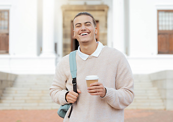 Image showing Happy, college student man at university with coffee for learning, future and academic, success and higher education. Face, learner and scholarship, happy and guy smile, study and knowledge motivated