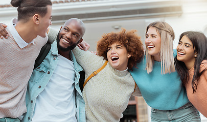 Image showing Students, friends and happy portrait of people with diversity, collaboration and university support. Student funny joke, smile and college group outdoor ready for learning and teamwork with laugh