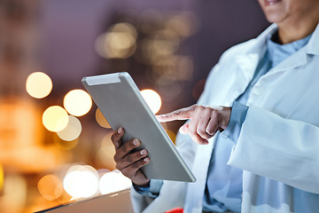 Image showing Hands, tablet and healthcare with a doctor doing internet research outdoor on a hospital balcony at night. Medical, remote consulting and technology with a medicine professional outside at a clinic