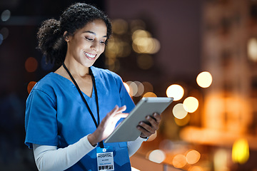 Image showing Medical, research and night with doctor and tablet for planning, medicine and schedule. Technology, review and digital with black woman reading report for healthcare, science and life insurance news