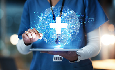 Image showing Nurse, hands or technology for 3d globe networking, healthcare community or digital help in life insurance support. Zoom, medical or futuristic world for global hospital, woman or doctor on tablet ux