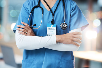 Image showing Doctor, arms crossed and stethoscope for healthcare advice, cardiology or consulting for wellness at hospital. Hands of confident medical professional, expert or specialist consultant at the clinic