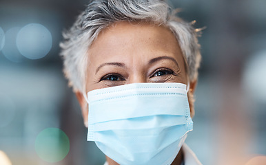 Image showing Senior woman, face mask and health with Covid, safety from virus and doctor in PPE healthcare mockup. Medicine portrait, medical professional and bokeh overlay, surgery and protection from corona