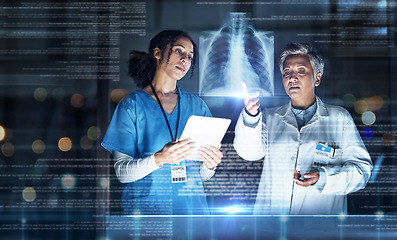 Image showing Doctors, healthcare or tablet with abstract lungs in tuberculosis, cancer or heart analytics in night hospital teamwork. Futuristic, hologram or breathing organ on technology for women collaboration