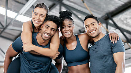 Image showing Fitness, happy and portrait of friends in gym for teamwork, support and workout. Motivation, coaching and health with group of people training in sports center for cardio, exercise and wellness