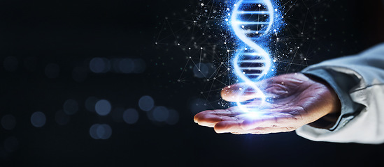 Image showing Doctor, hand or 3d dna helix in healthcare analytics, genetic engineering or life insurance mockup on isolated black background. Zoom, abstract or futuristic genes hologram for medical hospital woman