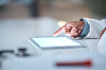 Image showing Doctor, finger or tablet with mockup screen in medical research, surgery planning or medicine schedule in hospital. Woman, hands or healthcare worker on technology mock up in digital help or wellness