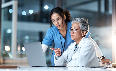 Image showing Doctors, nurse or laptop in night healthcare, planning research or surgery teamwork in wellness hospital. Talking, thinking or medical women on technology for collaboration help or life insurance app