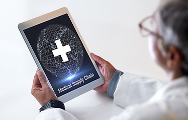 Image showing Doctor, tablet or global healthcare logistics in medical supply chain, medicine shipping or hospital community help. Woman, technology or screen of world abstract, first aid globe and life insurance