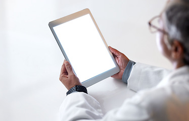 Image showing Doctor, hands or tablet and blank mockup screen in medical research, surgery planning or medicine schedule in hospital. Woman, healthcare or worker on technology mock up in digital help or consulting