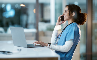 Image showing Laptop, black woman and nurse on phone call in hospital, conversation and networking. Smartphone, night and happy female medical physician working late, telehealth or consulting for support in clinic