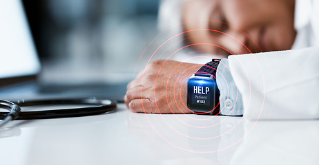 Image showing Hands, watch and signal of healthcare woman sleeping on desk while on call, help or emergency at the office. Hand of senior medical doctor resting on table during work hours dreaming with smart watch