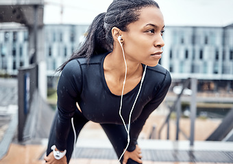 Image showing Fitness, motivation and black woman with music in city for wellness, healthy body and cardio workout outdoors. Sports, focus and girl listening to audio for exercise, running and marathon training