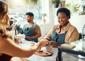 Image showing Credit card, payment and shopping with black woman in coffee shop for retail, restaurant and food service. Finance, store and purchase with customer buying in cafe for spending, consumer and sales