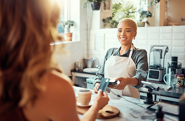 Image showing Credit card, payment and shopping with black woman in coffee shop for retail, restaurant and food service. Finance, store and purchase with customer buying in cafe for spending, consumer and sales
