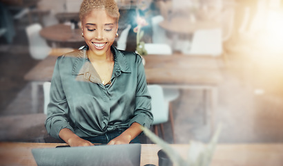 Image showing Smile, coffee shop and woman typing on laptop, networking for freelance content marketing job in restaurant window. Technology, social media and remote work for happy freelancer in cafe with computer