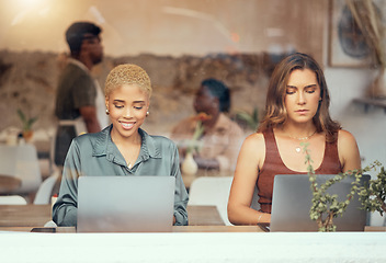 Image showing Working, laptop and business women in cafe window for remote work, freelance career and networking. Communication, technology and female workers with computer for project, report and typing email