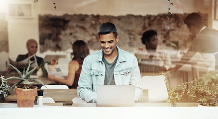 Image showing Smile, internet and man with laptop in cafe typing email and networking for freelance job in restaurant window. Technology, communication and remote work, happy freelancer in coffee shop at computer.