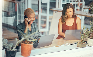 Image showing Laptop, phone call and business women in office for planning, strategy meeting and networking. Communication, remote work and female workers working on computer for project, report and typing email