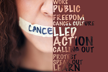 Image showing Woman, silence and tape on mouth with words to voice gender based violence, protest or message. Female lips sealed or cancelled in collage, text or letter overlay to fight against political democracy