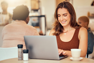 Image showing Woman, typing and laptop in cafe of remote worker, planning freelance research or restaurant. Happy female, coffee shop and computer email technology on internet, blogging or social networking online