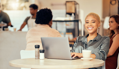 Image showing Happy woman, portrait and laptop in cafe of remote work, freelance happiness and busy wifi restaurant. Female smile in coffee shop on computer technology, internet and blogging for social networking