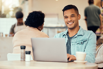 Image showing Happy man, portrait and laptop in cafe of remote work, planning freelance research or restaurant. Guy smile in coffee shop on computer technology, internet and blogging online for social networking