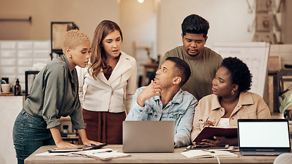 Image showing Business people, teamwork or diversity meeting in coffee shop, cafe or restaurant on laptop for startup ideas, vision or goals. Talking, men or creative women with technology in remote work strategy