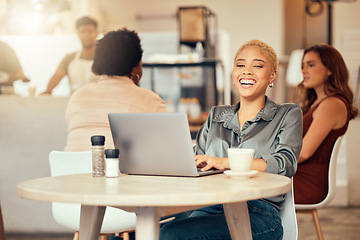 Image showing Laughing woman, portrait and laptop in cafe of remote work, freelance happiness and restaurant. Happy female, coffee shop and smile on computer technology, internet and blogging for social networking