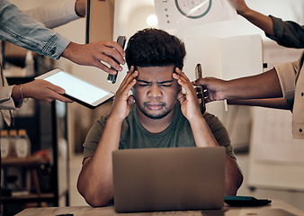 Image showing Businessman, stress and headache on laptop multitasking, team management or chaos in modern office. Burnout, mental health and challenge for worker, employee or startup leader in work balance problem