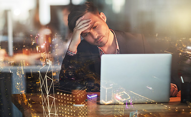 Image showing City overlay, stress or business man on laptop for stock market crash, financial crisis or investment depression. Sad, headache or employee on tech with finance anxiety, audit error or mental health