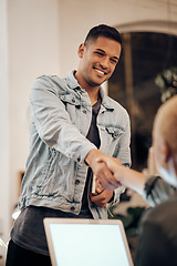 Image showing Handshake, partnership and man for business deal, agreement and collaboration for startup company. Success, teamwork and people shaking hands in modern office for thank you, welcome and onboarding