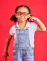 Image showing Vision, glasses and portrait of child thinking with eyes closed and isolated on red background. Ideas, eyesight and happy playful expression, goofy little girl in spectacles for eyesight in studio.