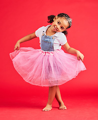 Image showing Dance, child and curtsy in princess dress, fantasy and red background on studio mockup. Happy kids holding ballerina skirt, fairytale clothes and fashion crown with smile, play and girly happiness