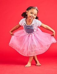 Image showing Dance, happy child and portrait in princess dress, fantasy and red background on studio mockup. Kids holding ballerina skirt, fairytale clothes and fashion crown with smile, play and girly happiness