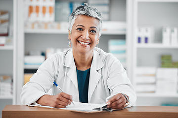 Image showing Senior woman, pharmacist portrait and paper data of pills stock, insurance or medical documents. Healthcare, doctor and elderly female wellness consultant with happiness and smile about pharmacy