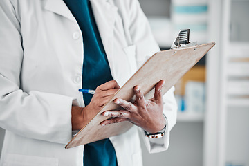 Image showing Pharmacy, inventory and hands of woman with clipboard for checklist, pills and medication in a drug store. Hand, stock and pharmacist with list for medical, information and product management