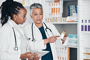 Image showing Pharmacy, inventory and women on digital tablet for prescription, label and information check. Pharmacist, colleagues and ladies online, internet and search while doing stock at a clinic dispensary