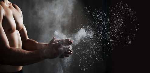 Image showing Fitness chalk, black man hands and exercise training of a gym, workout and challenge for health. Dust, mockup and healthy sport start with wellness and strength with abs and strong body with mock up