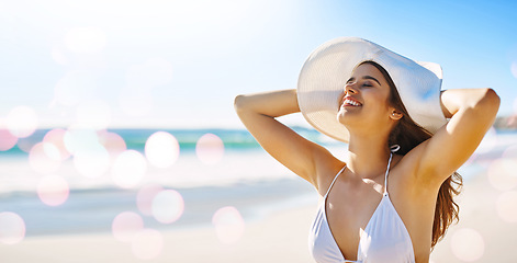 Image showing Travel, beach and woman on summer, vacation and holiday against bokeh, water and nature background. Happy, freedom and girl relax at the ocean, fun and smile while enjoying freedom, sun and joy