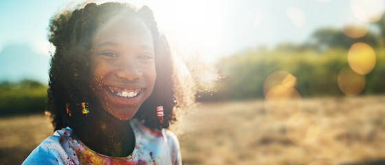 Image showing Black girl child, outdoor portrait and mockup space by field, grass or nature for holiday in blurred background. Young happy female, sunshine and excited smile at park, safari or countryside vacation