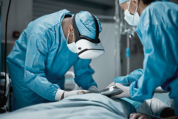 Image showing Surgery, doctor help and surgeon with medical tools and healthcare magnify glasses for hospital. Wellness, teamwork and black man with nurse in a health clinic working on patient injury or emergency