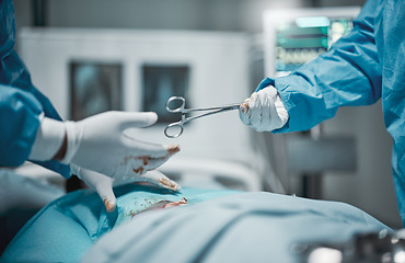 Image showing Healthcare, cutting and hands giving scissors during a surgery, hospital work and service on patient. Teamwork, help and surgeon with a tool during a medical procedure, operation and career at clinic