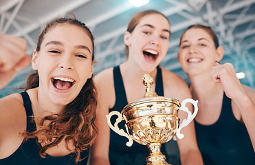 Image showing Sports, champion and portrait of women with a trophy for water polo, competition and success. Winner, happy and athlete group with a smile to celebrate an award for sport, winning and achievement