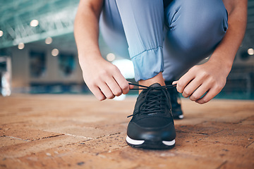 Image showing Lace shoes, fitness and woman on ground for workout, running and wellness. Closeup female tie sneakers for exercise, sports and runner performance for healthy body, training goals and marathon power