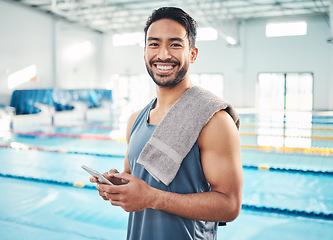 Image showing Portrait, swimming pool or man with smartphone, smile or connection for social media, typing or break. Face, male swimmer or athlete with cellphone, communication or share post with healthy lifestyle